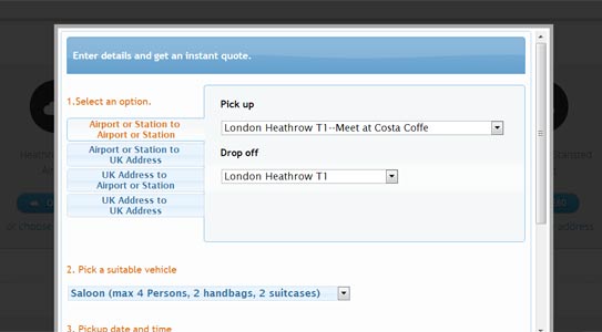 A taxi booking interface where a list of points of interest is displayed for the customer to book