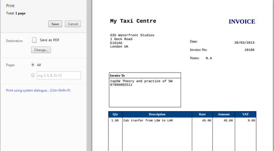 A copy of an invoice, ready to printed out from within the browser. 